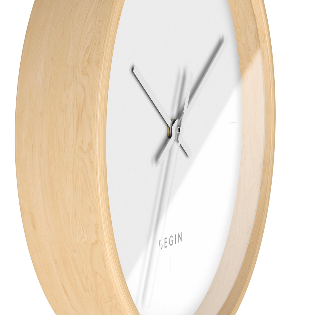 Begin Minimalist Wall Clock — Modern White Face, Natural Wood Frame