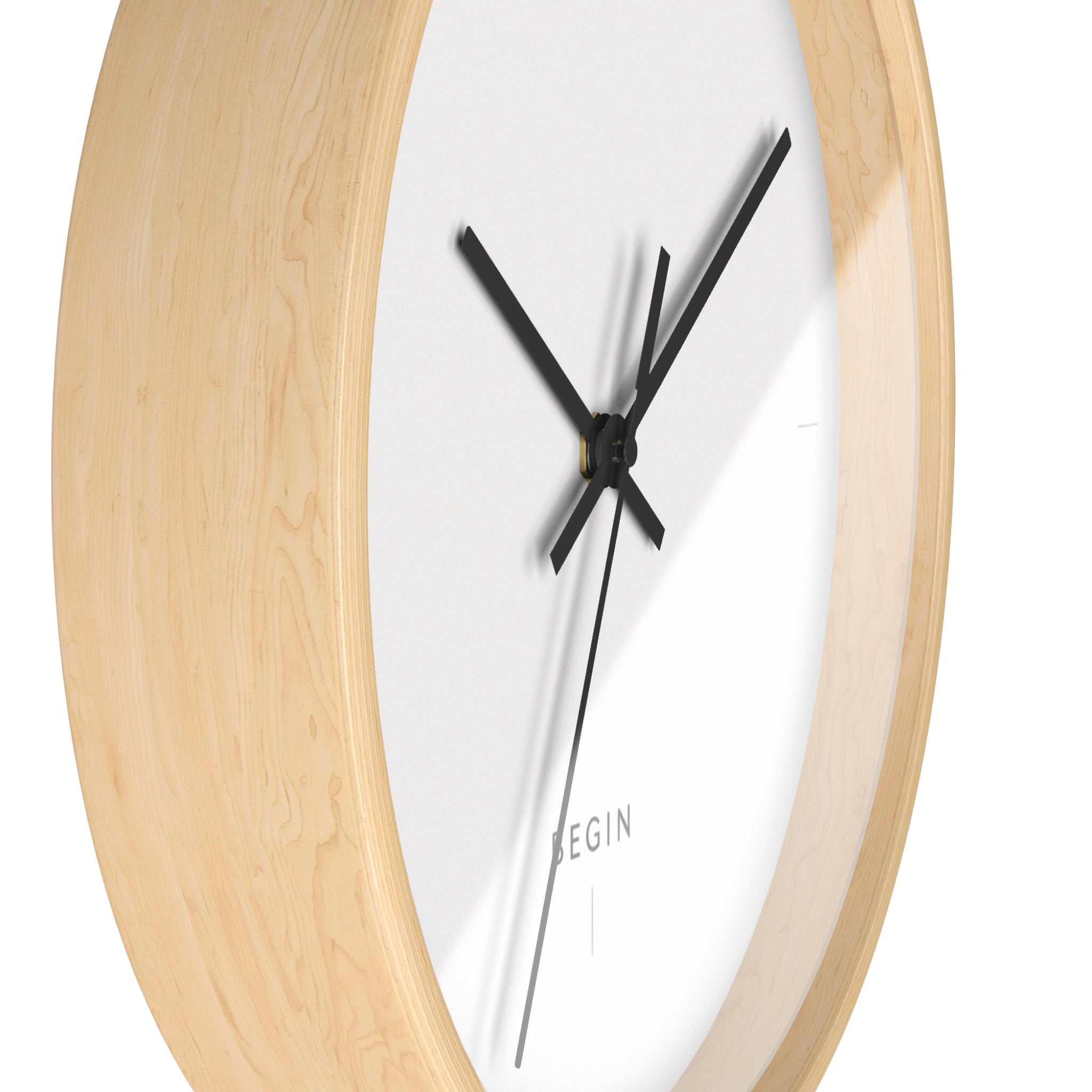 Begin Minimalist Wall Clock — Modern White Face, Natural Wood Frame