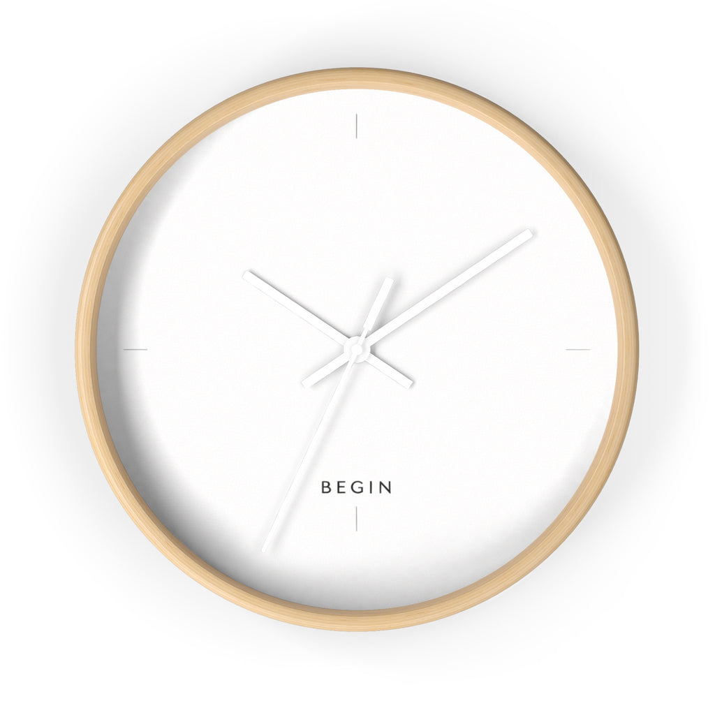 Begin Minimalist Wall Clock — Modern White Face, Natural Wood Frame