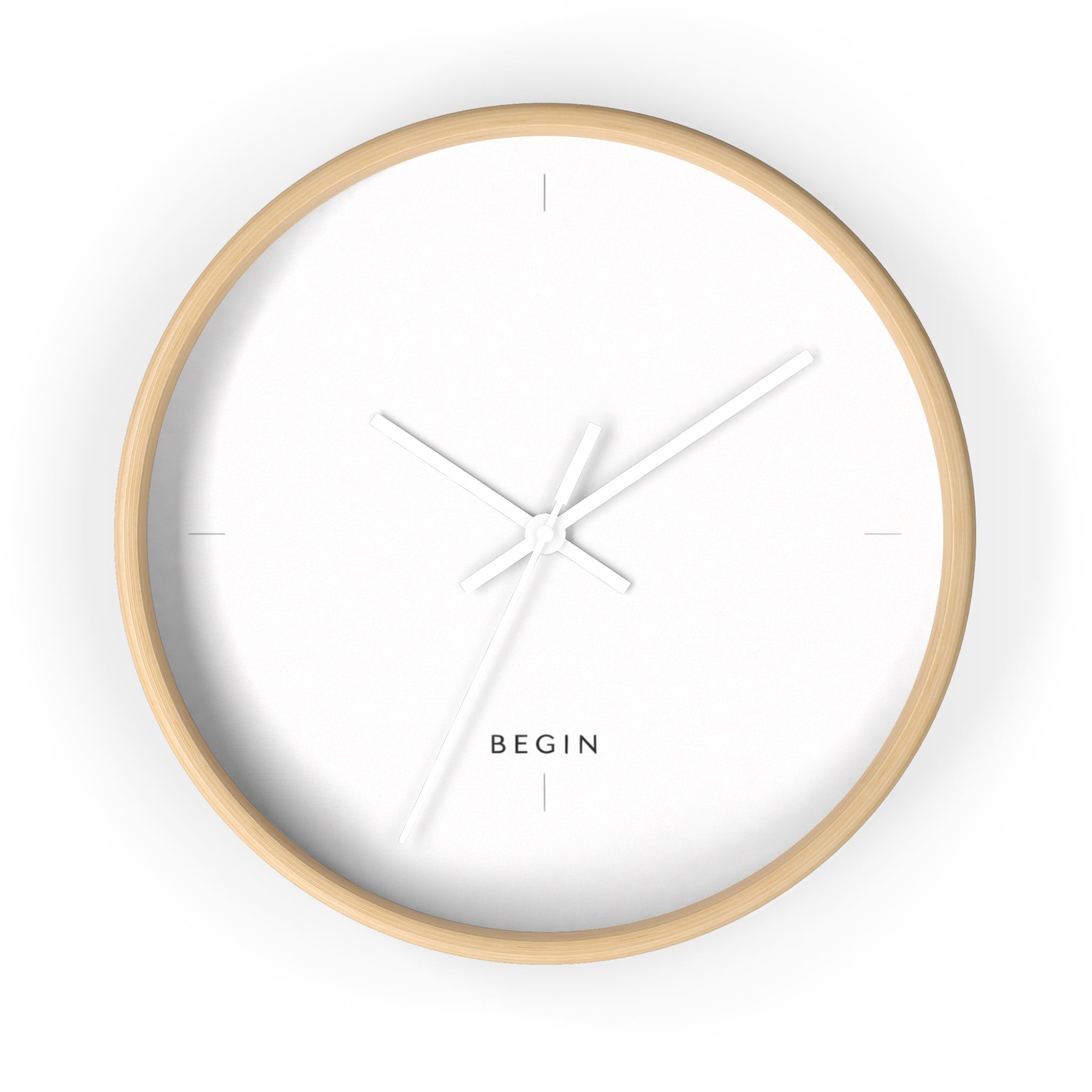 Begin Minimalist Wall Clock — Modern White Face, Natural Wood Frame