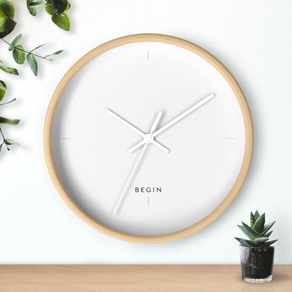 Begin Minimalist Wall Clock — Modern White Face, Natural Wood Frame