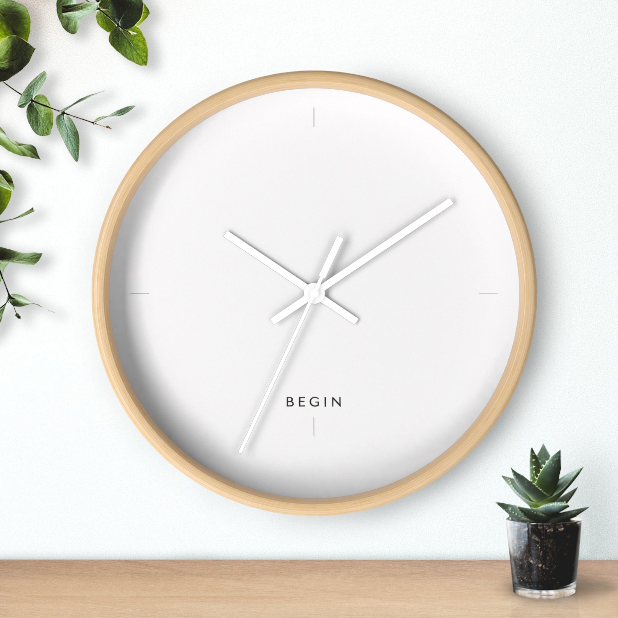 Begin Minimalist Wall Clock — Modern White Face, Natural Wood Frame
