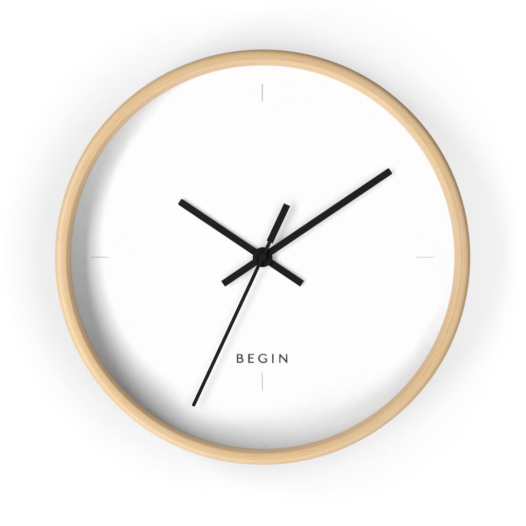 END USER PROTO-VANITY COLLECTION Minimalist Wall Clock — Modern White Face, Natural Wood Frame