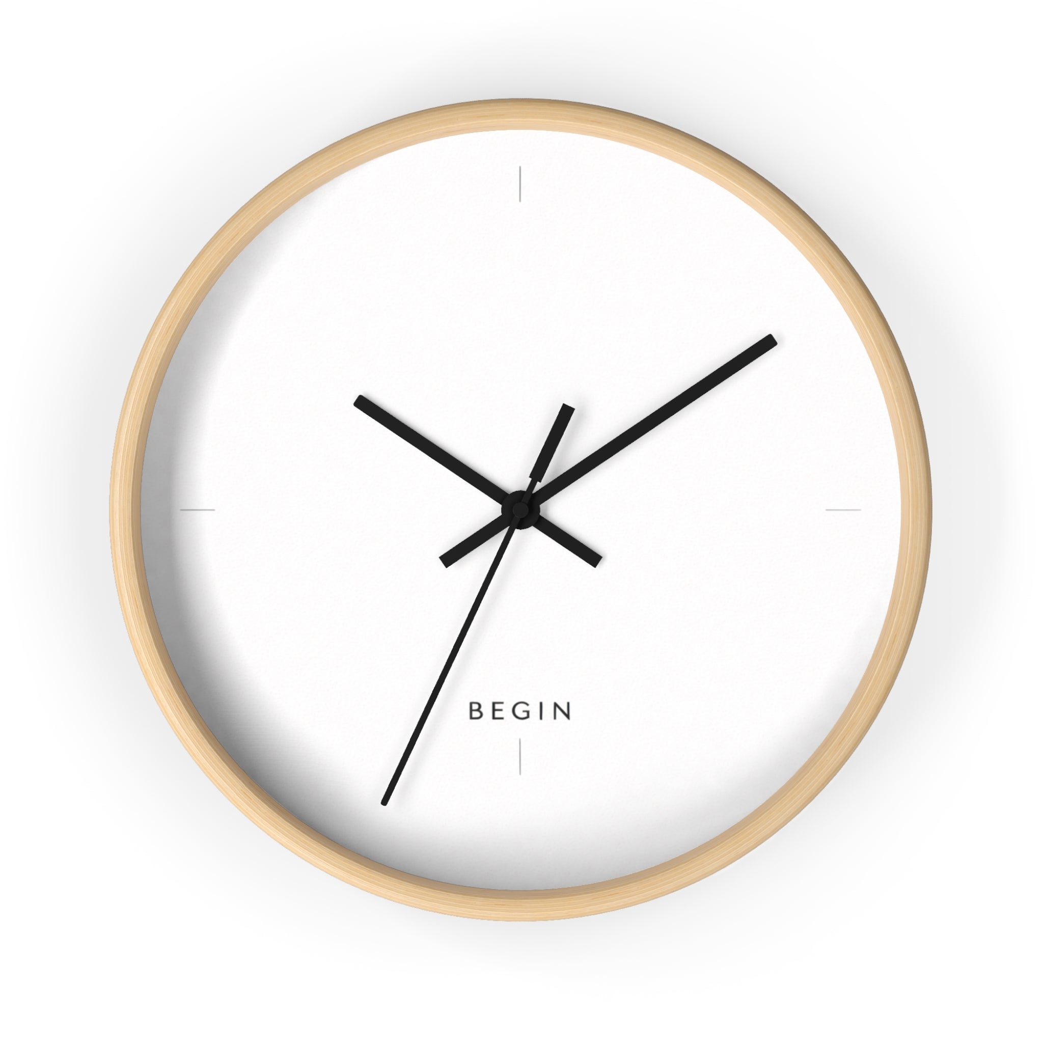 END USER PROTO-VANITY COLLECTION Minimalist Wall Clock — Modern White Face, Natural Wood Frame