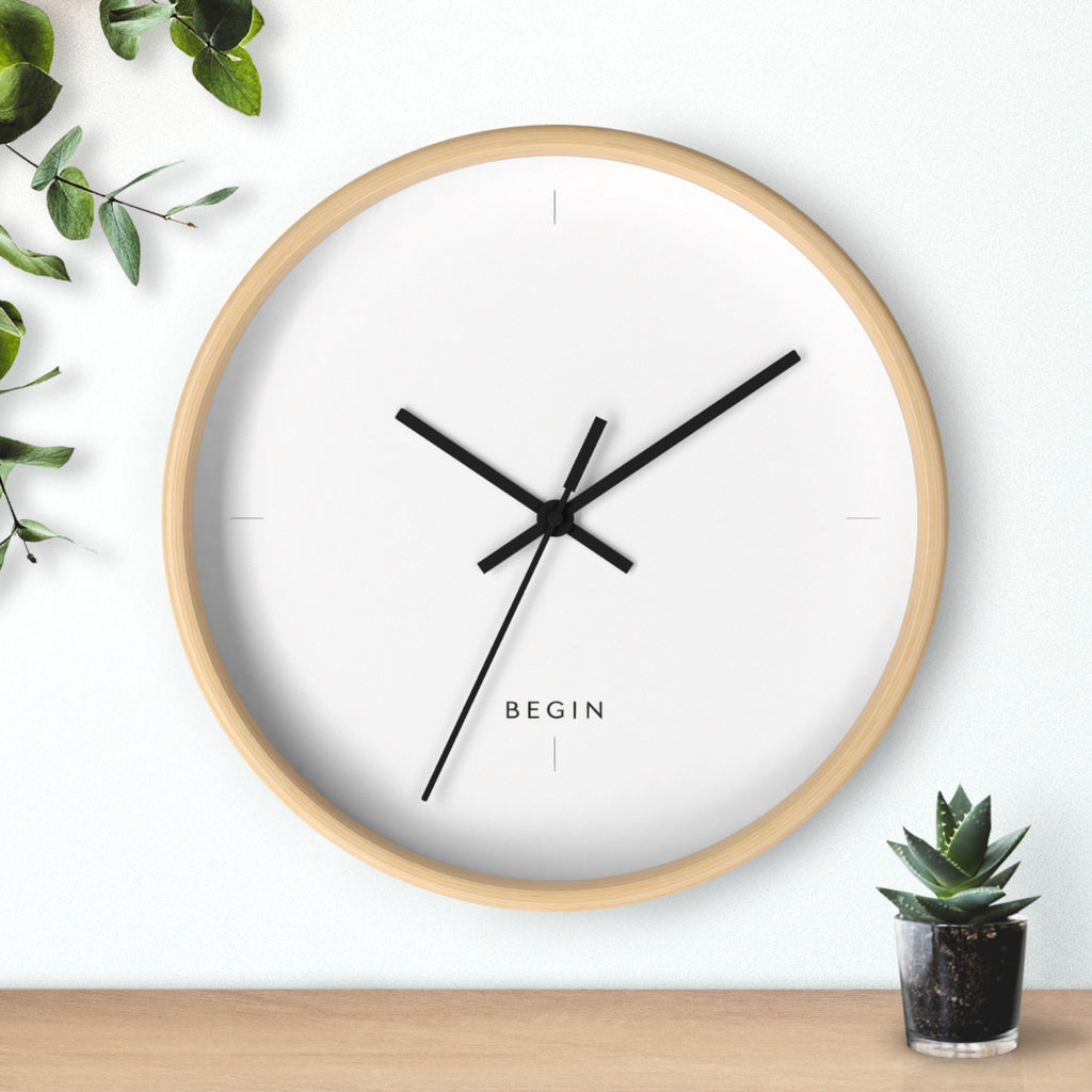 END USER PROTO-VANITY COLLECTION Minimalist Wall Clock — Modern White Face, Natural Wood Frame