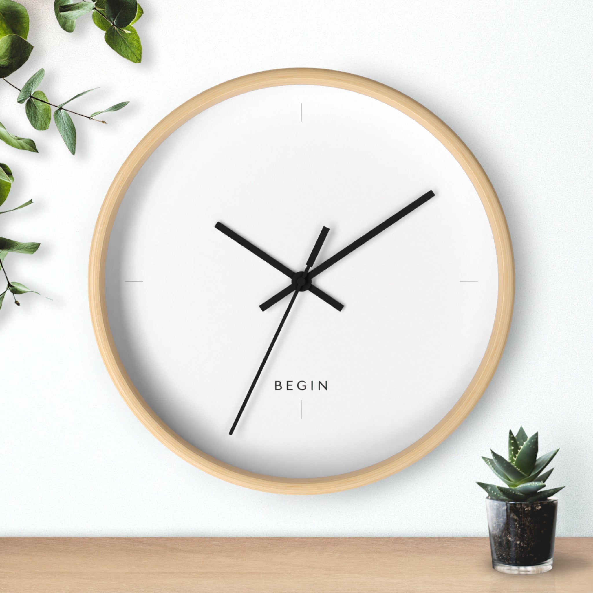 END USER PROTO-VANITY COLLECTION Minimalist Wall Clock — Modern White Face, Natural Wood Frame