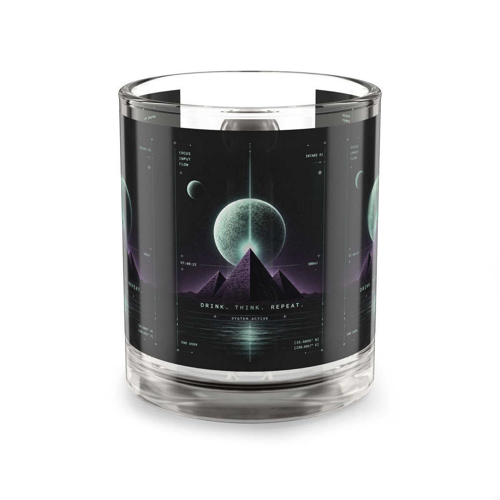 Retro Futuristic Glass Mug — Neon Moon Pyramid Design (10oz)