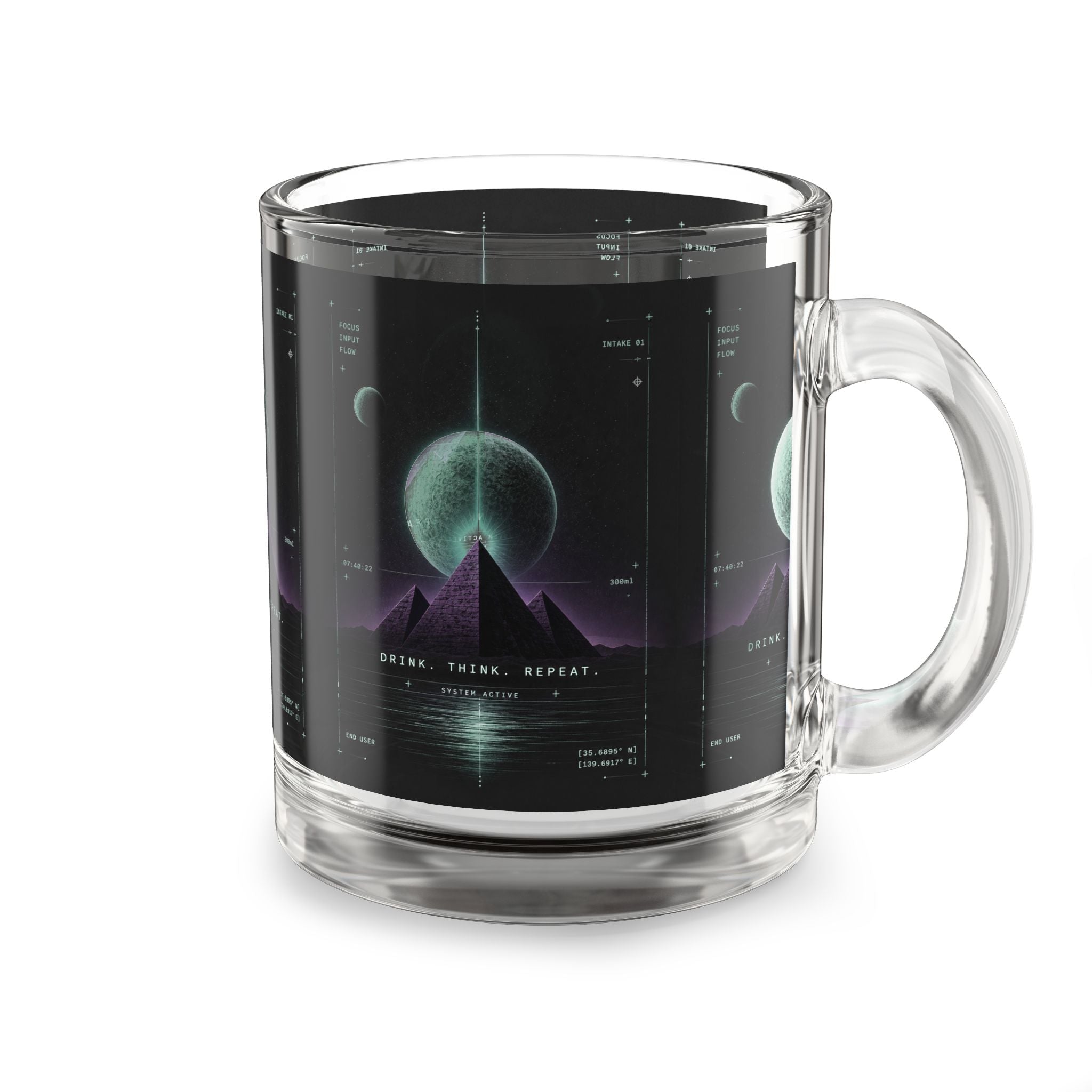 Retro Futuristic Glass Mug — Neon Moon Pyramid Design (10oz)